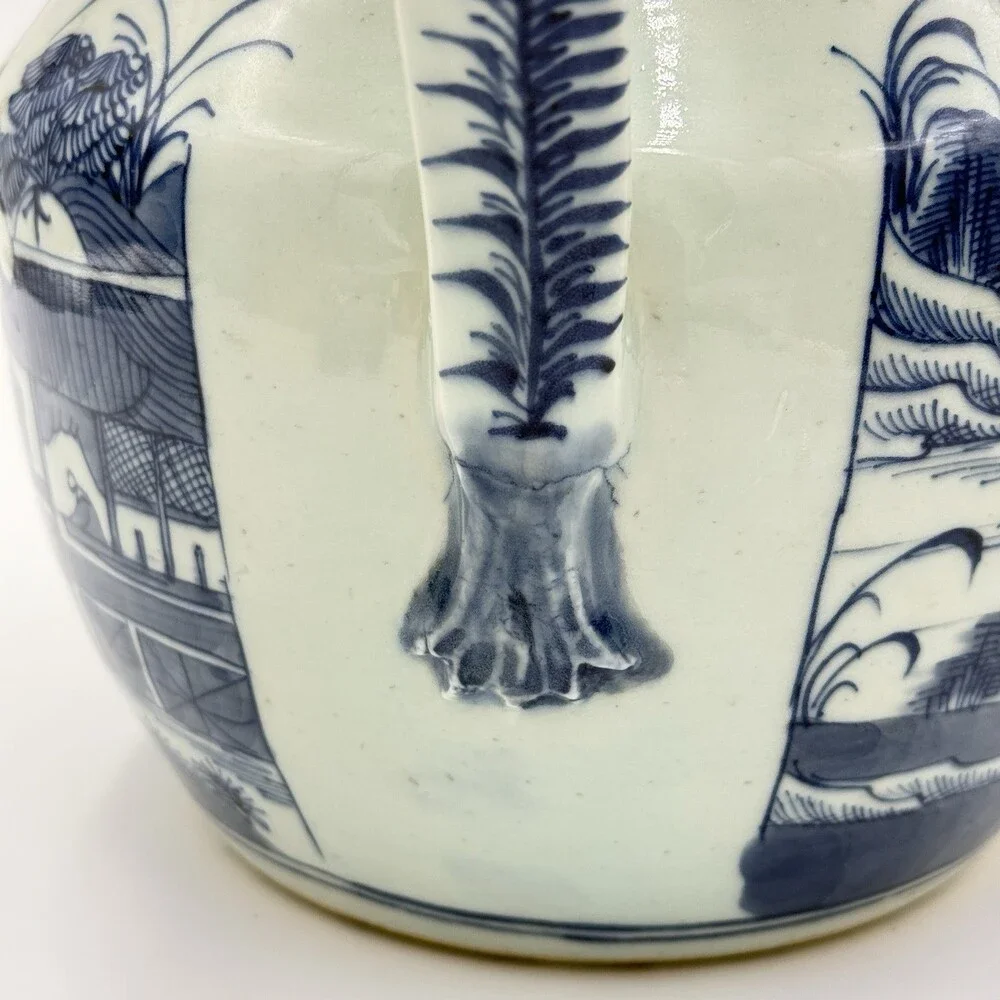 Antique Chinese Blue & White Canton Export Porcelain Large Pitcher 9”H x12” L